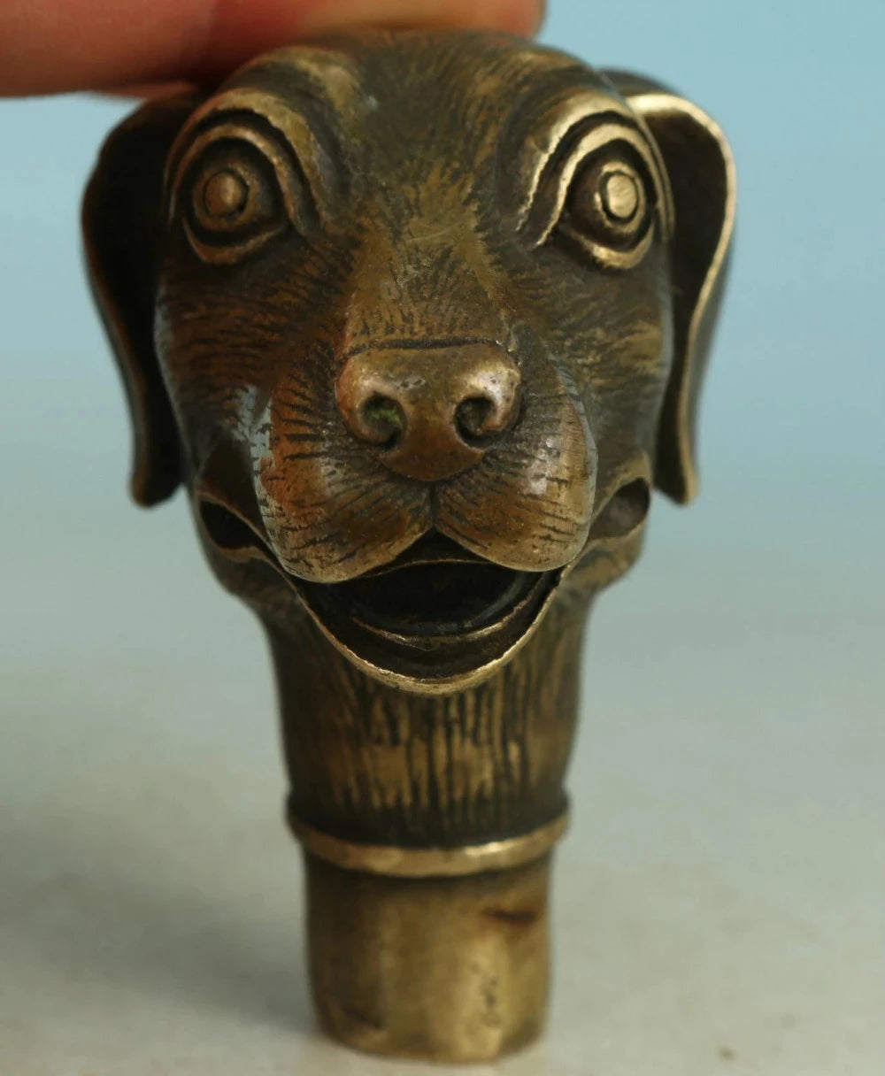 Asian Chinese Old Bronze Handmade Carved Dog Collect Statue Walking Stick Head