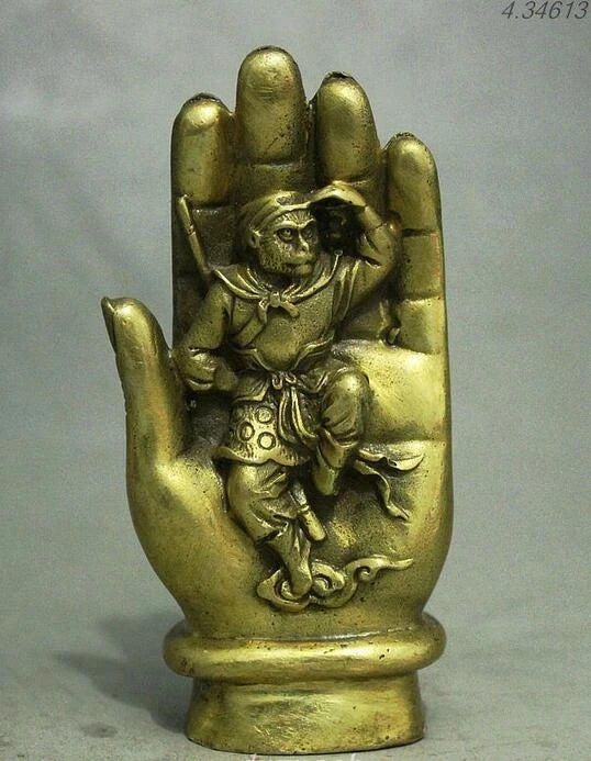 Folk Chinese myth Brass Tathagata Buddha Hand Sun Wu Kong Monkey King Statue