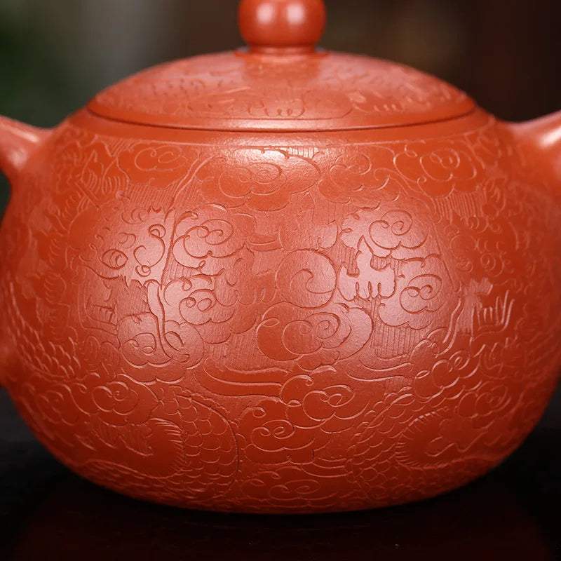 Dahongpao Carved and Painted Dragon Xishi Teapot, Zisha Teapot, Yixing Handmade Pot, Kung-Fu Teaware, Purple Clay Drinkware