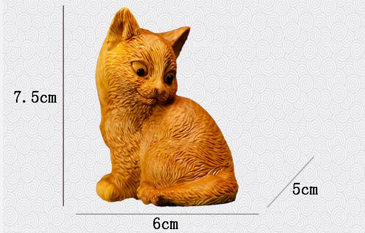 Boxwood 7CM Cat Wood Animal Statue Lucky Little Kitten Home Decoration