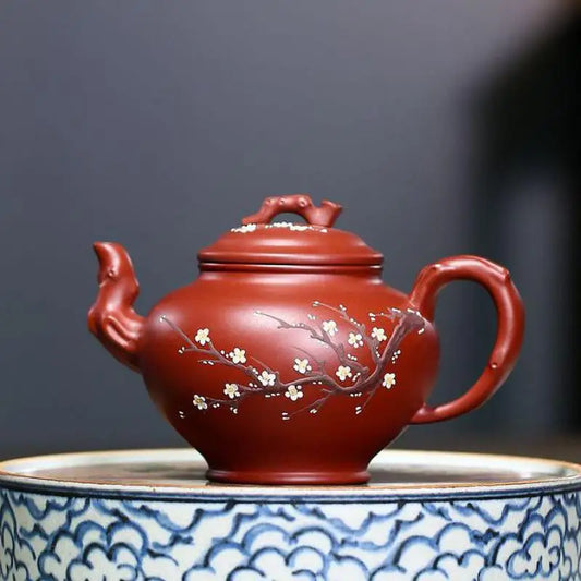 Dahongpao-Hand-carved Mud-painted Plum Blossom Primula Pot Zisha Teapot, Handmade Kung-Fu Teapot, Purple Clay Drinkware