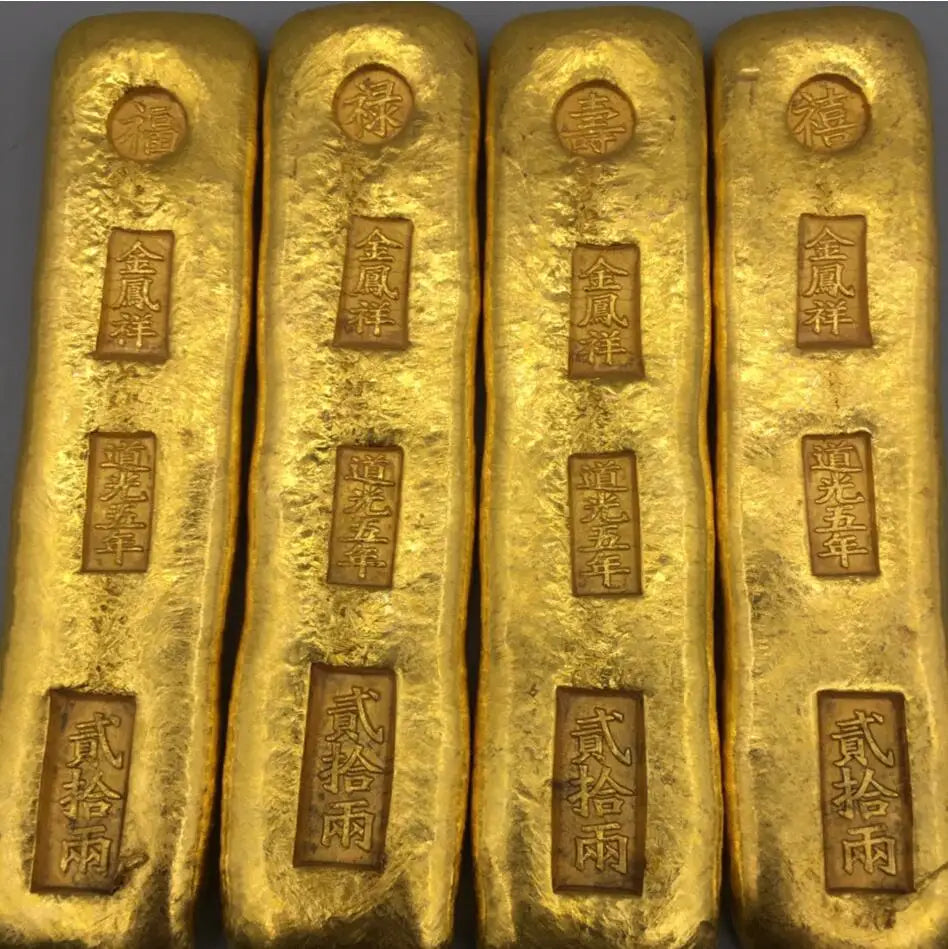 Archaize brass Fu lu shou xi imitation Gold bars crafts statue A set