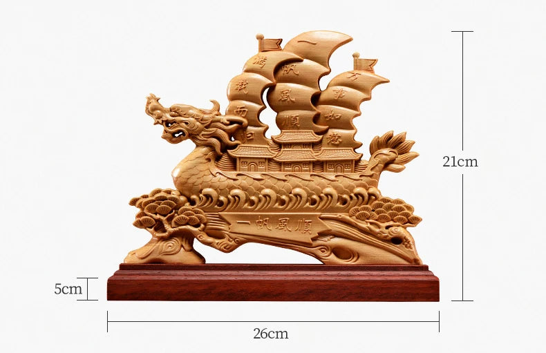Thuja Wood 26CM Dragon Boat Sculpture Decorative Dish Hollow Wood Wealth Carving Lucky Gift Sailboat Collection Home Decor