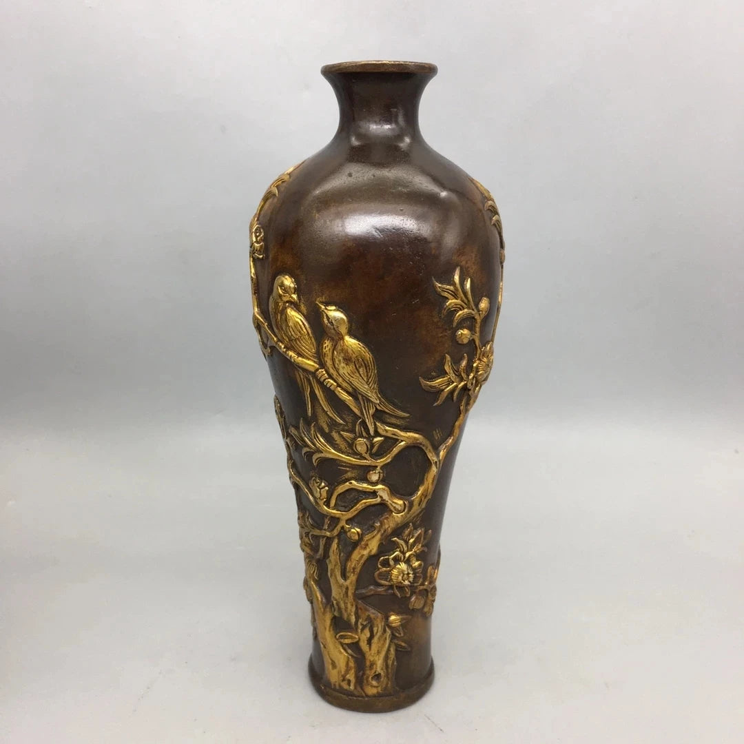 Height 22CM!!! Collection 1 Piece Chinese Old Copper Handmade Gilt Gold Bird Vase,High Quality Home Art Decoration Metal Crafts