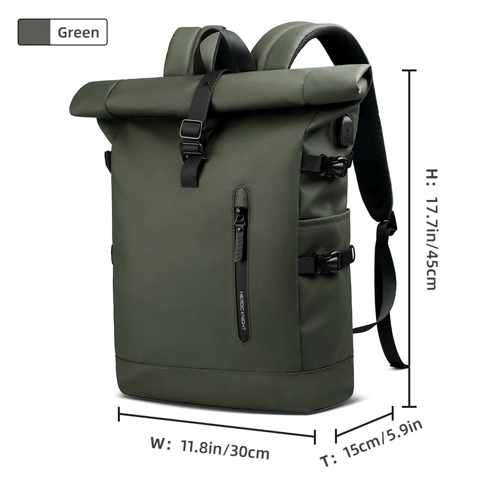 Heroic Knight Backpack Men Rolltop Waterproof Big Capacity Travel Backpack with USB Port Man 15.6" Laptop Green School Backpack