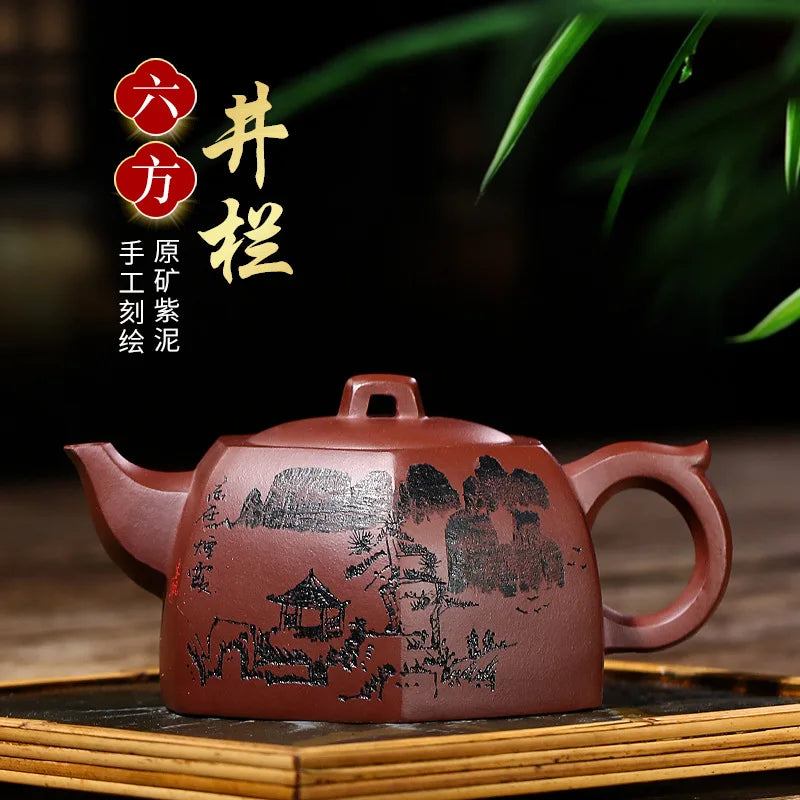 Hexagonal Zisha Teapot, Yixing Handmade Pot, Kung-Fu Teaware, Purple Clay, Drinkware for Puer, Green, Black, Chinese Tea