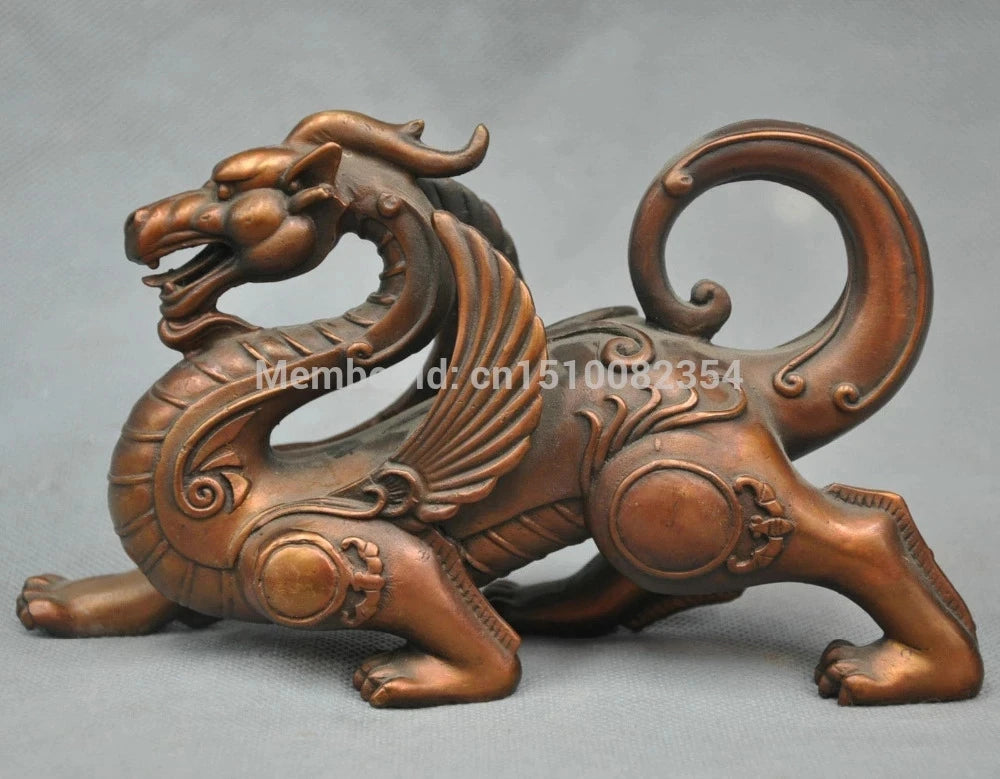 8" China Folk Dragon Unicorn with Wings Bronze Statue