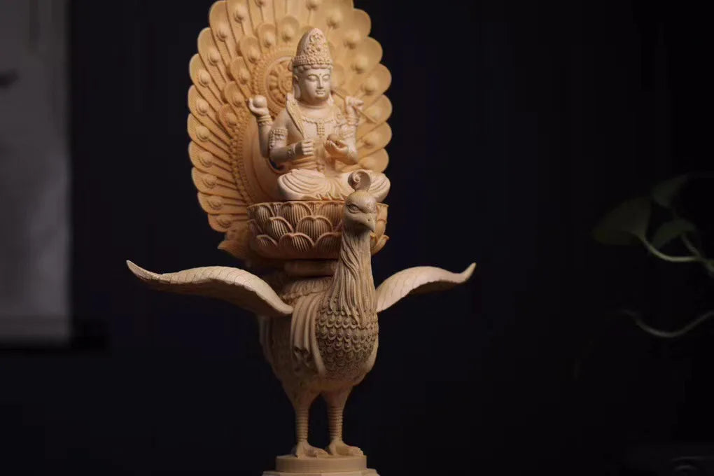 Cypress Wood 38cm Mahamayuri Buddha Statue Peacock Maha-mayuri-vidya-rajni Figure Sculpture Worship Home Decor