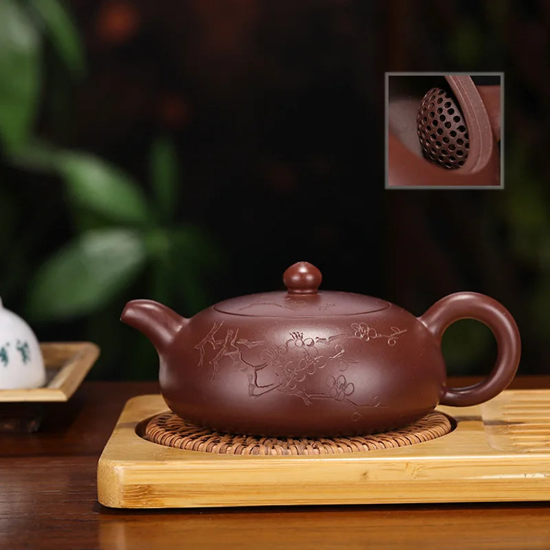 Handmade Kung-Fu Teapot with Plum Fragrant, Purple Clay Drinkware, Half Moon Teapot, Zisha Yixing, Purple Clay, Puer