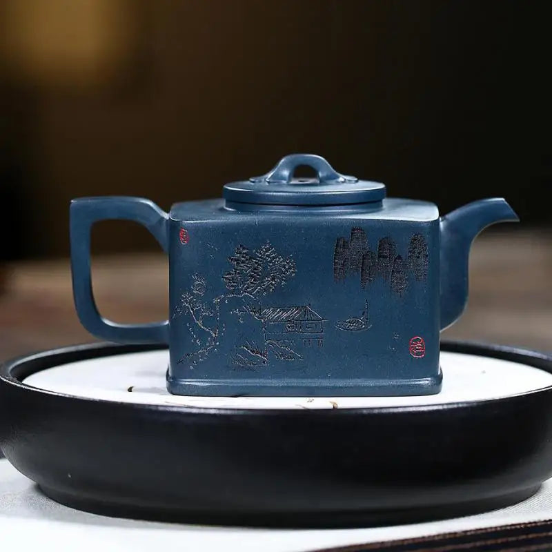 Tianqing Mud Landscape Square Purple Sand Tea Set, Yixing Handmade Pot, Kung-Fu Teaware, Purple Clay Drinkware for Puer