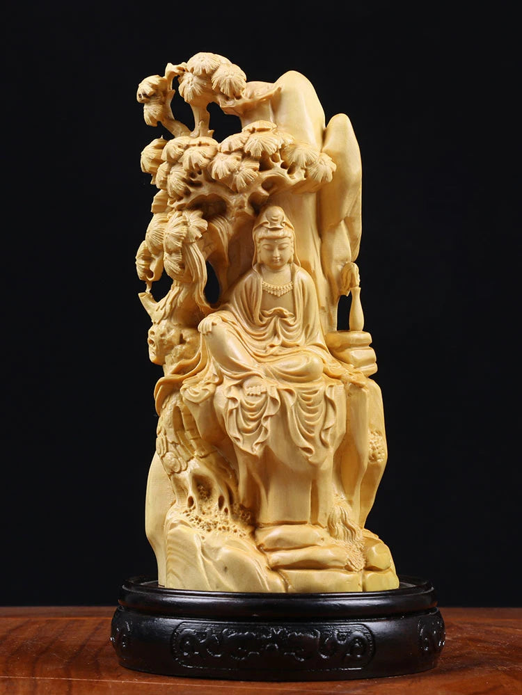 Boxwood 16cm Guanyin Sculpture Wood Carving Buddha Statue Guan Yin Home Decor
