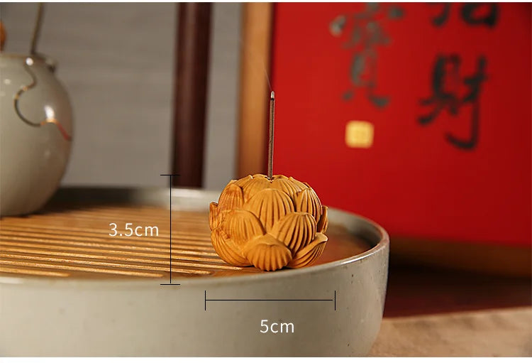 Boxwood 5cm Lotus Incense Burner Sculpture Wood Statue Feng Shui Collection Wealth Flower Lucky Home Decor