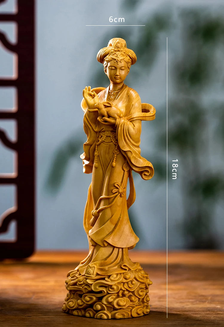 Boxwood 18cm Chang'e Sculpture Beauty Figure Wood Carving Chinese Mythology Change Goddess of Moon Fairy Statue Home Decor