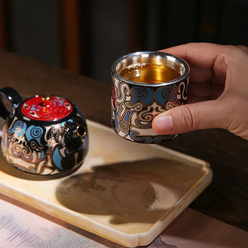 High Grade Chinese Ceramic Enamel Teapot with Gold Trim Kung Fu Tea Set A Mythical Animal Pattern Teaware Set with Gift Packing
