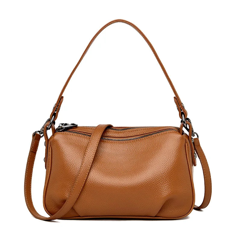 High Quality 2 Layer Genuine Leather Shoulder Crossbody Bags For Women 2023 Solid Color Cow Leather Ladies Handbag Messenger Sac