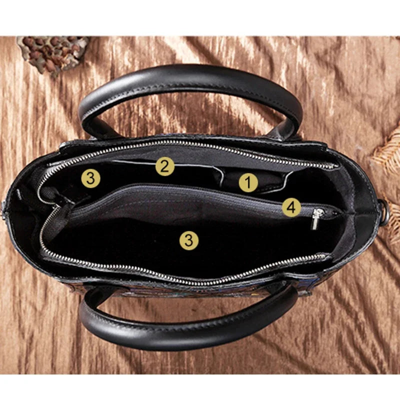 High Quality Genuine Embossed Leather Top Handle Bag Tote Large Capacity Women Natural Skin Shoulder Shopping Handbag Bags