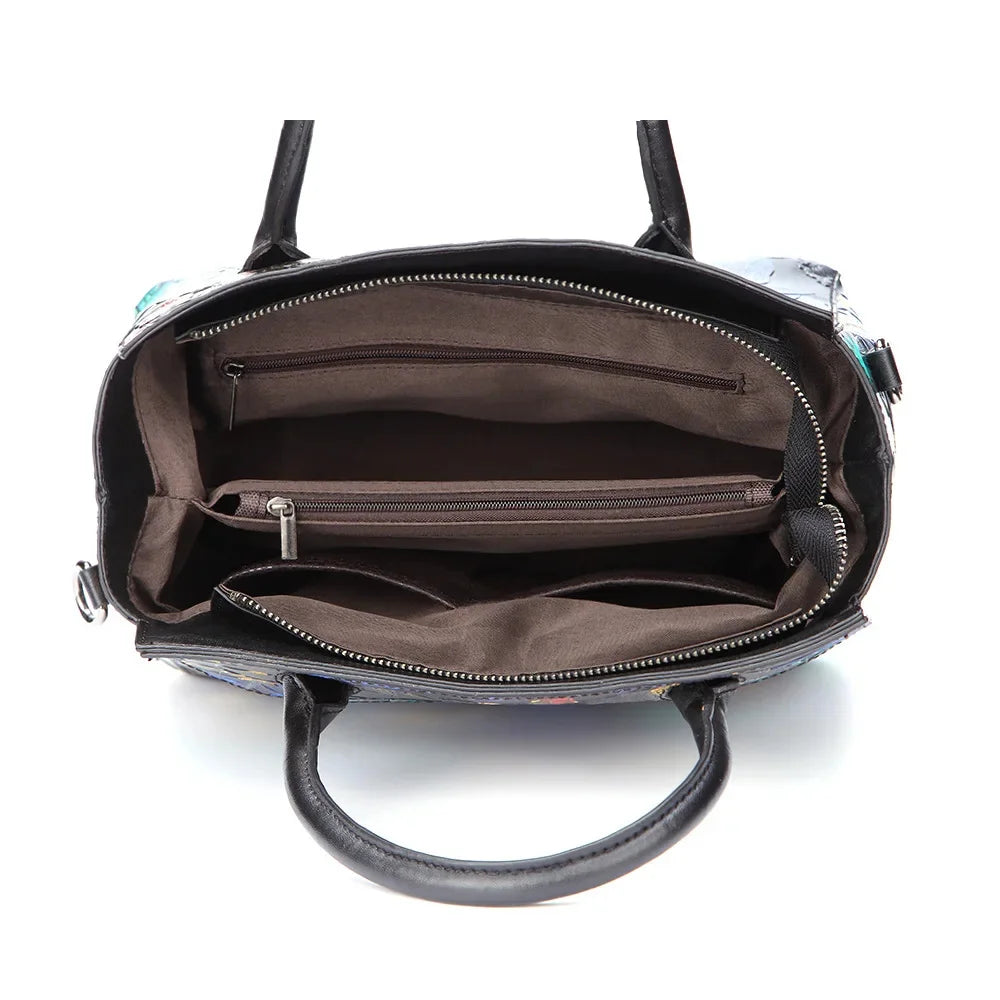 High Quality Genuine Embossed Leather Top Handle Bags Female Handbag Brush Color Floral Women Shoulder Messenger Tote Bag
