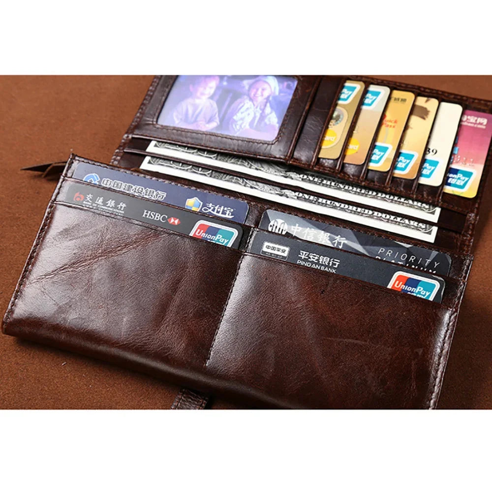 High Quality Genuine Leather Purse Clutch Bag Multi-Capacity Card Holder Money Cell Phone Pocket Oil Wax Cowhide Men Long Wallet