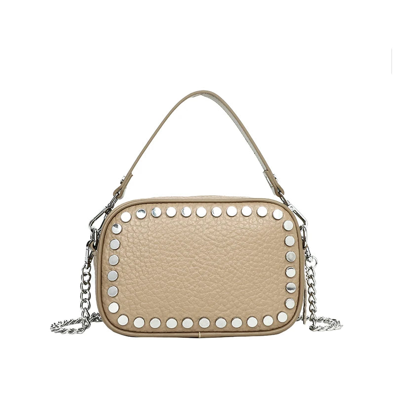 High Quality Genuine Leather Shoulder Crossbody Bags for Wome 2023 Luxury Rivet Chain Cowhide Handbags Female Messenger Tote Sac