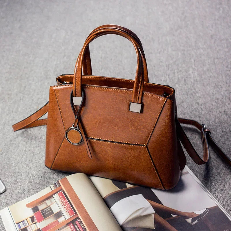 High Quality Oil Wax Cowhide Handbag Crossbody Top Handle Bag Female Tote Luxury Genuine Leather Women Messenger Shoulder Bags