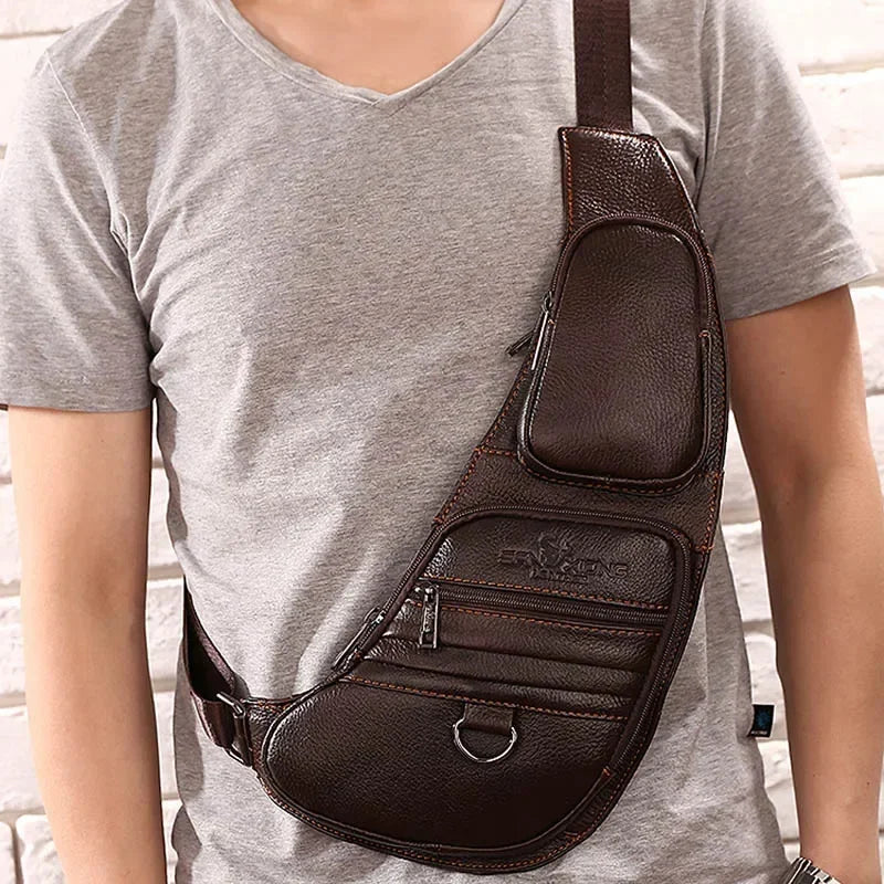 High Quality Real Cowhide Men Shoulder Chest Bags Retro Brand Famous Travel Sling Bag Rucksack Genuine Leather Single Backpack