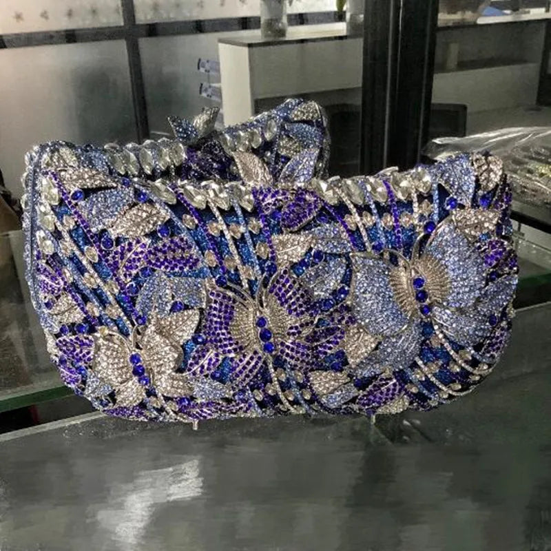 High-end luxury Hollow metal butterfly flower Crystal Metallic Evening Bags Wedding Novelty Rhinestone Metallic Clutch Purses