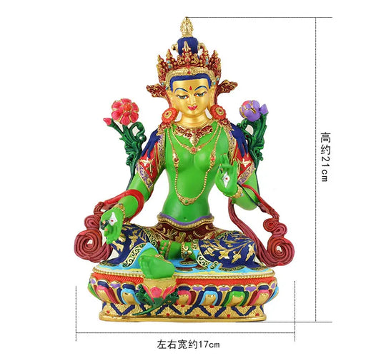 High-grade HOME Temple Protection Tibetan Buddhism Color drawing Bodhisattva Tara Green Guan yin buddha statue 21CM