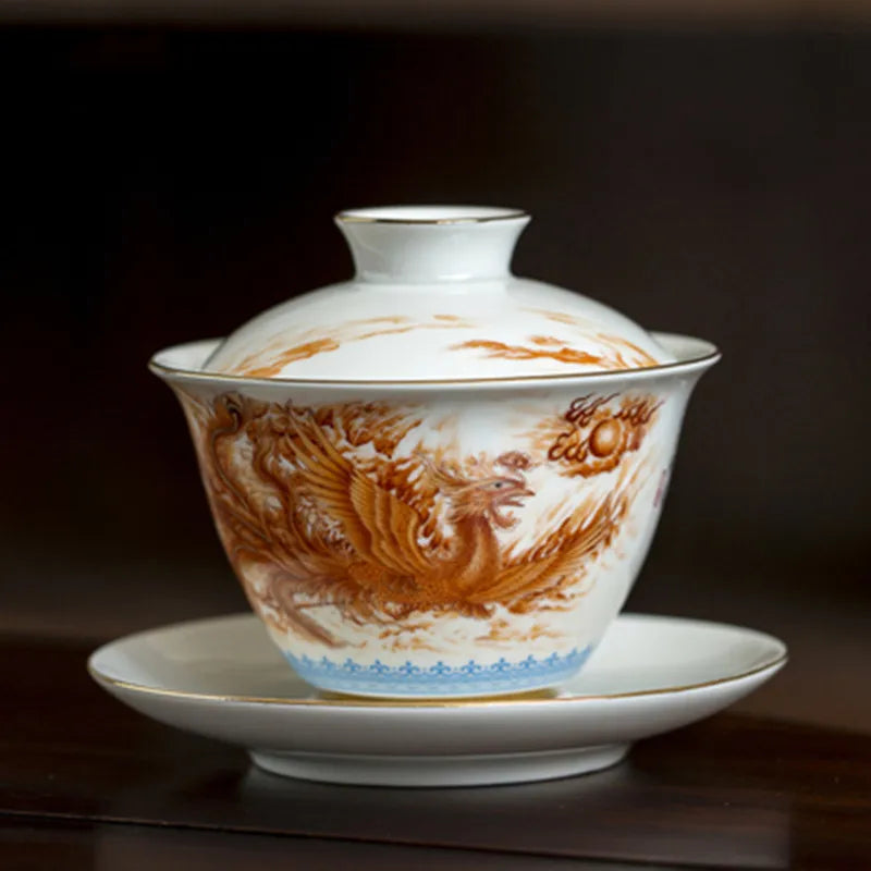High-quality Dehua Porcelain Dragon and Phoenix Gaiwan Kung Fu Tea Set Teacup Personal Use Gift For Festival