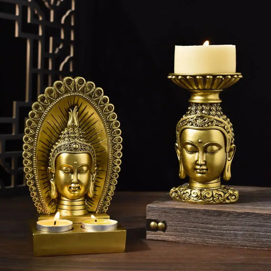Home Decor Buddha head Statue Candlestick Ornament Meditating Figurine Room Decor Resin Lamp Holder