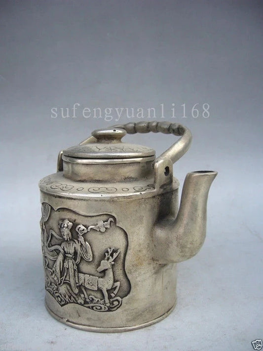 Home Decor metal crafts Fairy Statue Old Tibet Silver Carved Portable teapot flagon