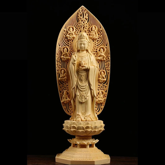 Home Decoration Wooden Buddha Statue Guanyin Spirit Hinoki Bouddha Goddess Statue Craft Gift