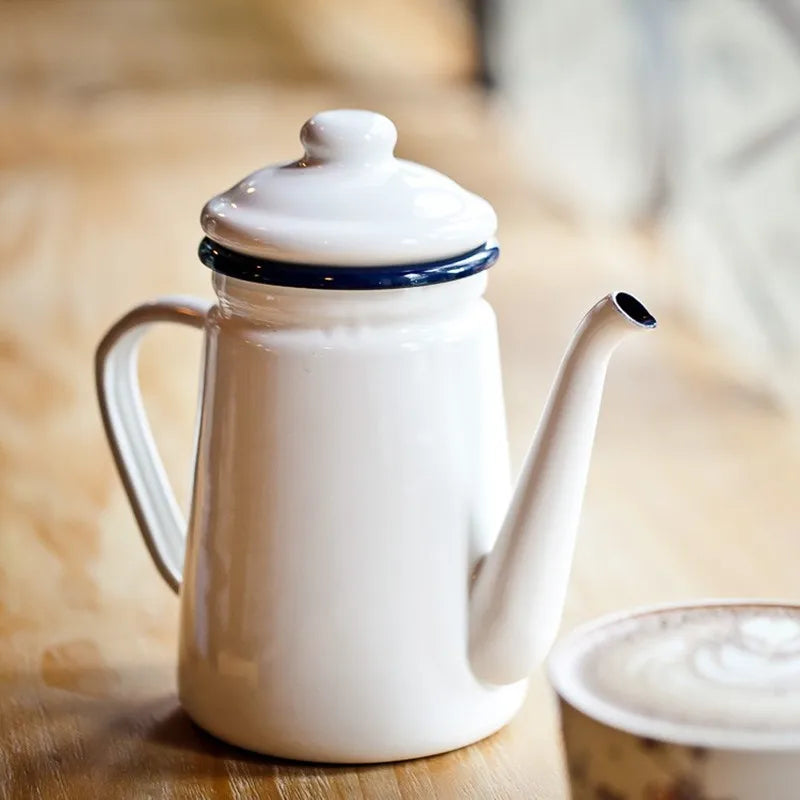 Home Kitchen Supplies Coffee Maker Enamel Teapot White Coffee Pot 1.1L
