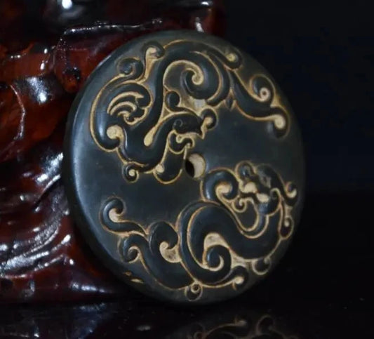 Hongshan culture archaize black iron meteorite sculpture Dragon phoenix bi statue
