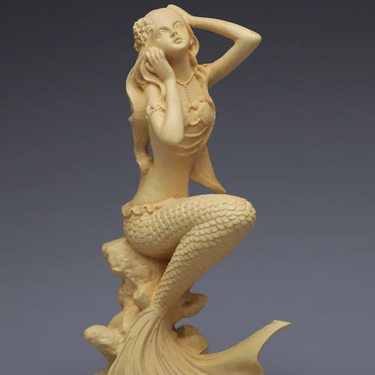 Huangyang Wood Carved Mermaid Decoration Solid Wood Carved Crafts Office Beauty Figure Gifts statues for decoration home decor