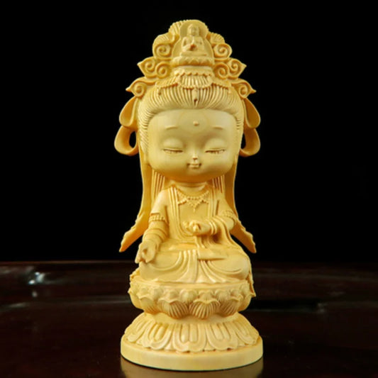 Huangyang wood carving Q version Guanyin statue Bodhisattva car decoration Lotus base Solid wood home decoration Table layout
