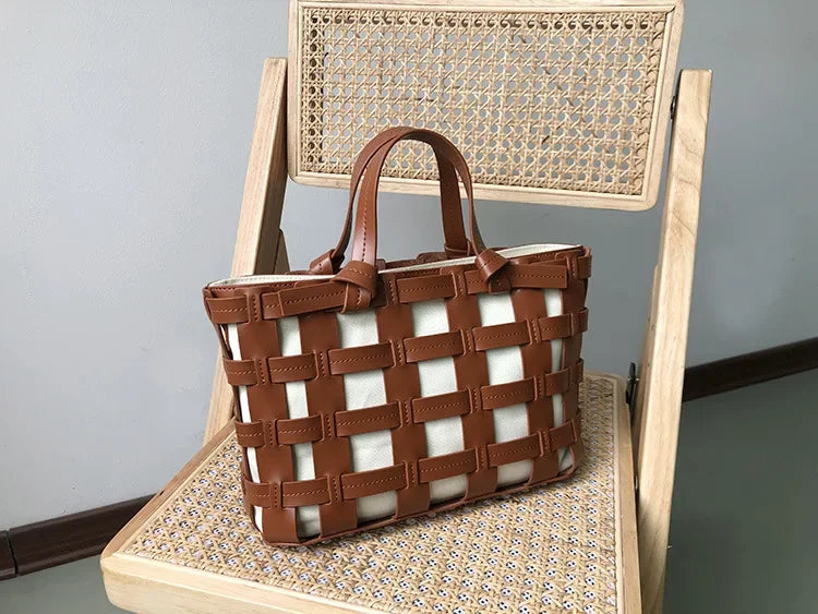 Ins Style Minority Genuine Leather Weave Bag Korean Chic Casual Portable Vegetable Basket Bag Hollow Out Fashion Tote Purses