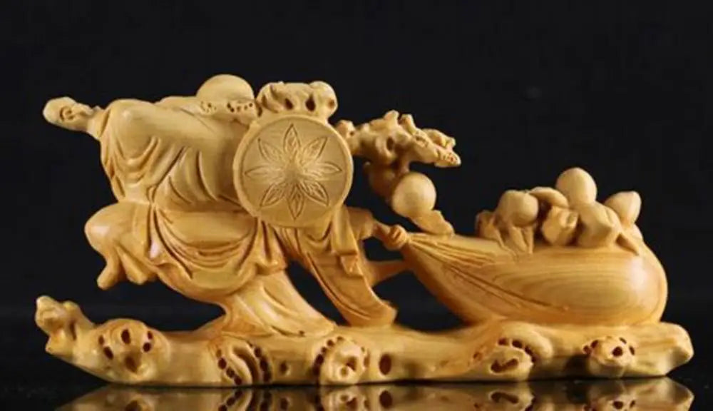 JP062 -- 11 CM Long Carved Boxwood Figurine Carving Buddhas Decorative Figures: Wealthy Buddha