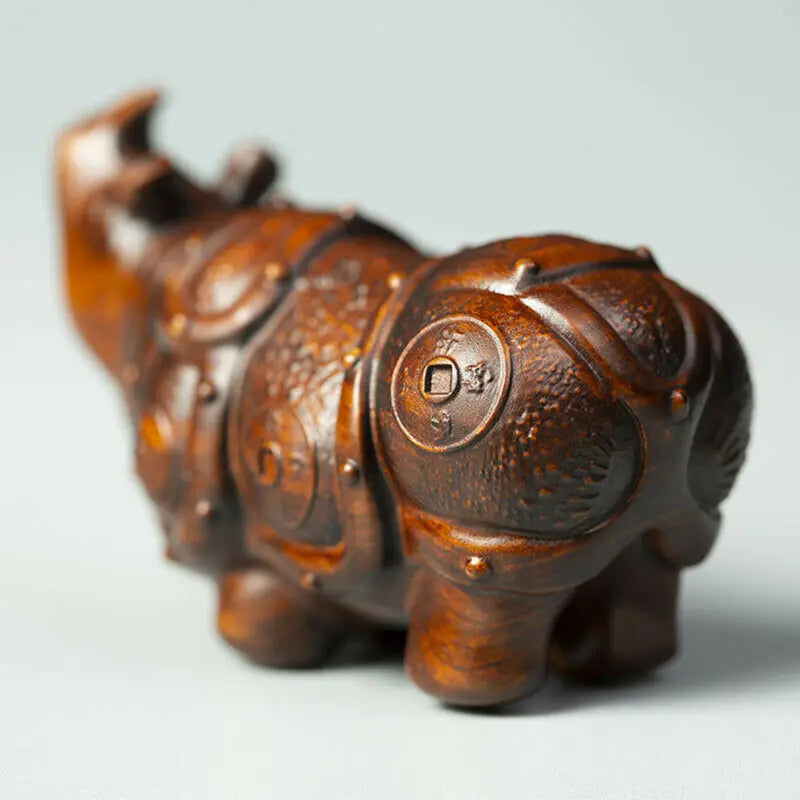 JP172 - 7 x 4.5 x 3 CM Rhino Boxwood Carving Figurine Auspicious Small Sculpture Feng Shui Home Decor