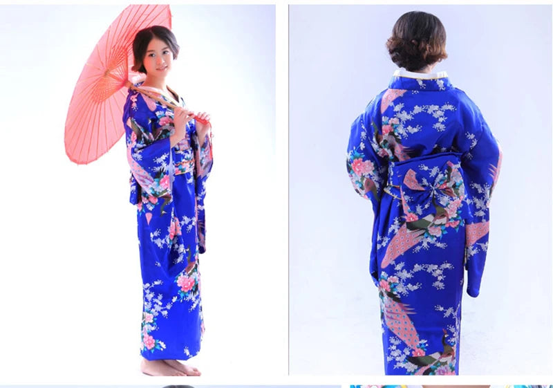 Japan Style Clothes Kimono Bridesmaid Wedding Dressing Dress Peacock Sakura Print Satin Silk Yukata Bathing Robe Nightgown