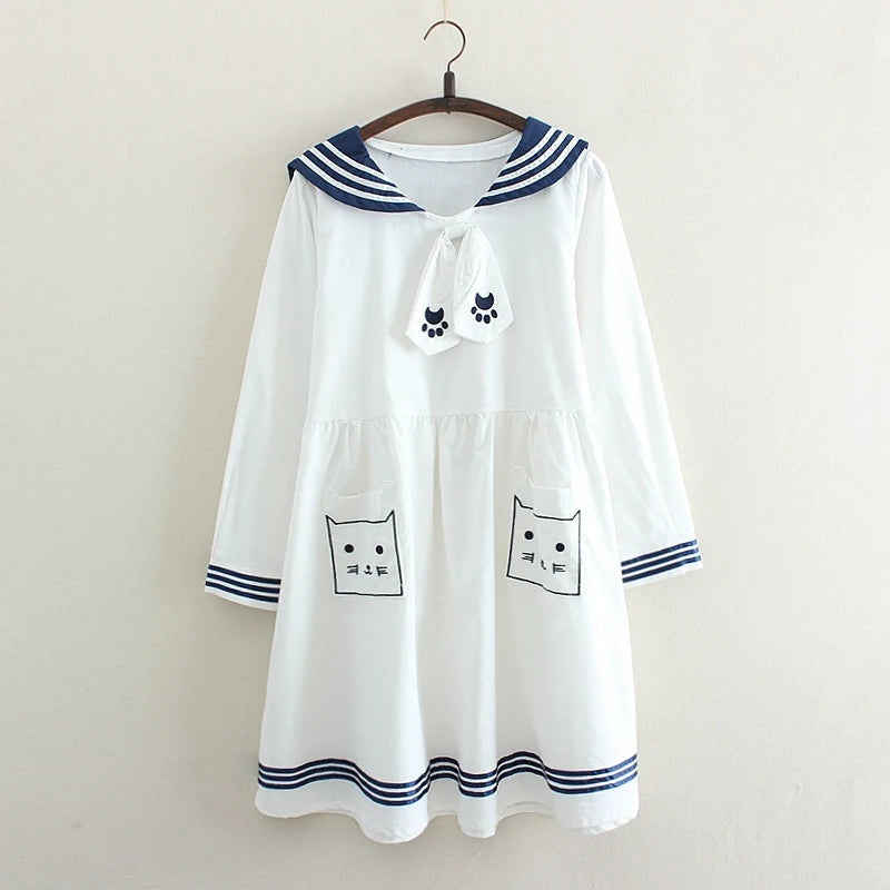 Japan Style Lolita Girly Girl Sailor Suit Lovely Cat Embroidery Pockets Dresses Women Summer Dresses