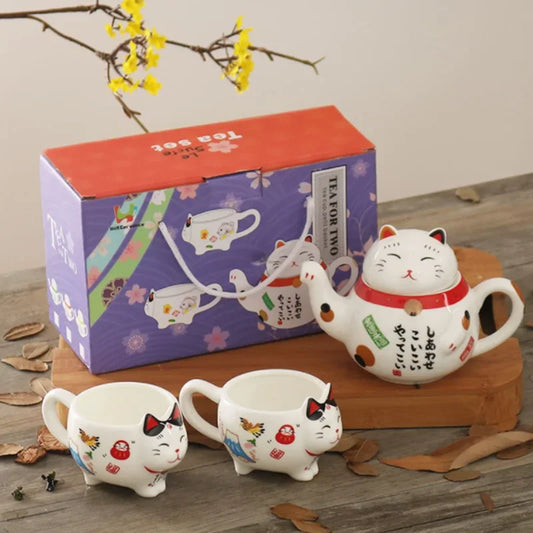 Japanese Cat Tea Set Maneki Neko Lucky Cat Ceramic Teapot and Cup Set Japanese Anime Cat Teapot 2 Teacups with Strainer Tea Set