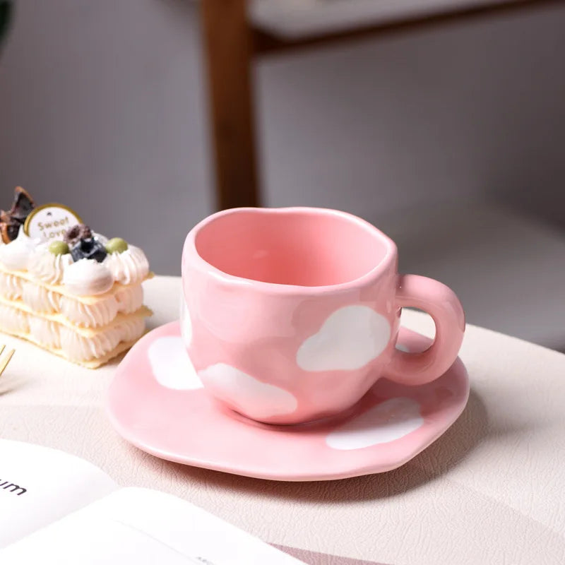 Japanese Hand Painted The Blue Sky and White Clouds Coffee Cup with Saucer Ceramic Handmade Tea Cup Saucer Set Cute Gift for Her