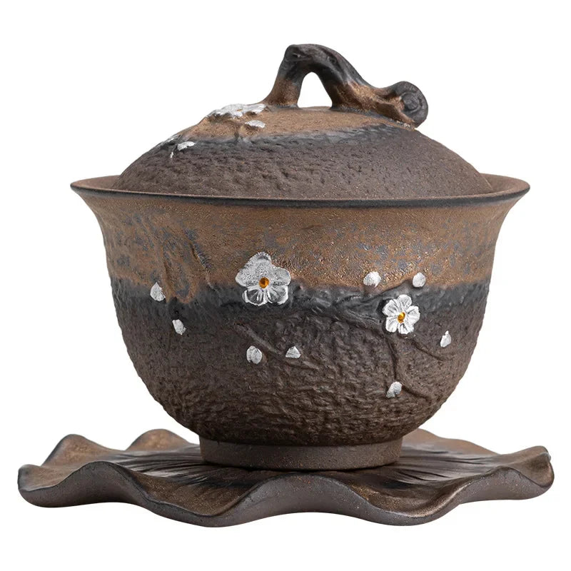 Japanese Sancai Tea Tureen with Retro Design Ceramic Teaware Set Handcrafted Coarse Pottery Gaiwan Kungfu Tea Bowl Cup
