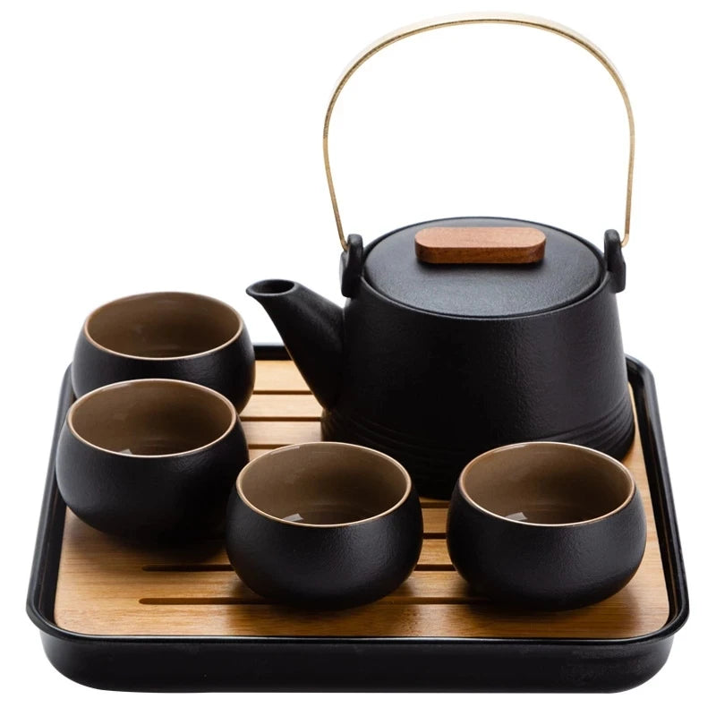 Japanese Style Black Pottery Handle Teapot Tea Set One Pot Four Cups With Bag Kungfu Home Tea Set Office Travel Teaware Gifts
