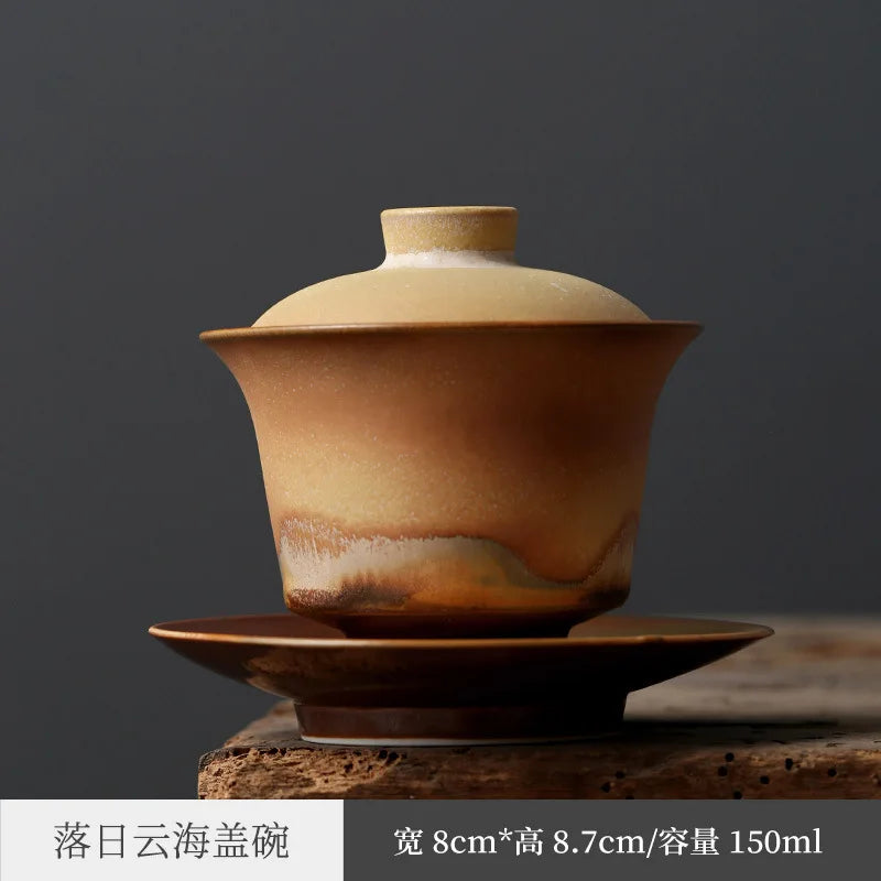 Japanese-Style Landscape Tea Cup Tea Brewing Bowl, Jingdezhen Sunset Firewood Burning Zhi Wild Burning Single Gaiwan