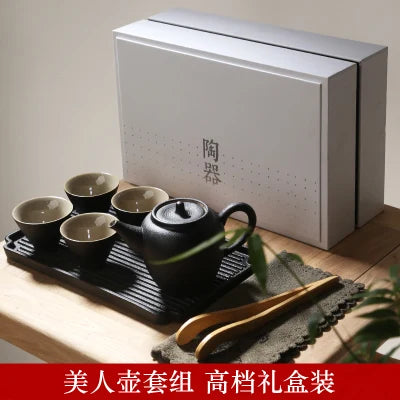 Japanese black pottery portable travel tea set Kung Fu tea suit with teapot teacup tray high grade gift box free shippig