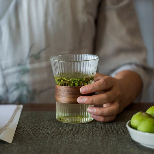 Japanese-style Creative Heat-resistant Glass Home Tea Cup with Bamboo Pad Office Thickened Transparent Water Cup Green Tea Cup