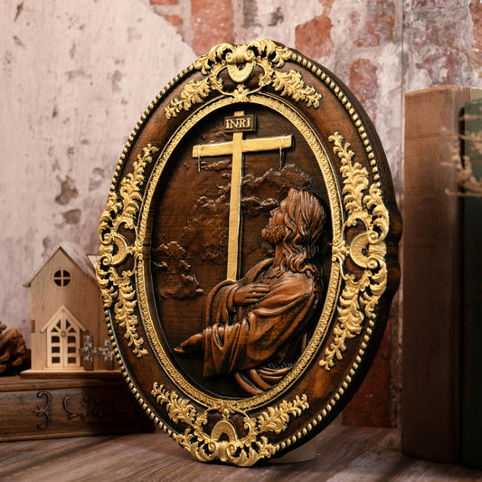 Jesus Mountain Garden Prayer Plaque Wood Carving Catholic Church Decoration Jesus Statue Christian Wall Decoration Easter Gift
