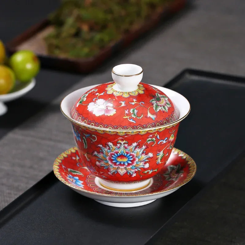 Jingdezhen Porcelain Art Bird Gaiwan Ceramic Flower Tea Bowl with Saucer Lid Kit Master Tea Tureen Drinkware Gift 180ml