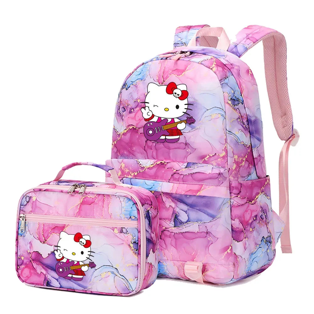 Kawaii Hello Kitty Girls Boys Kids 2 pcs Backpack with Lunch Bag Rucksack Casual School Bags for Student Teenagers Women Sets